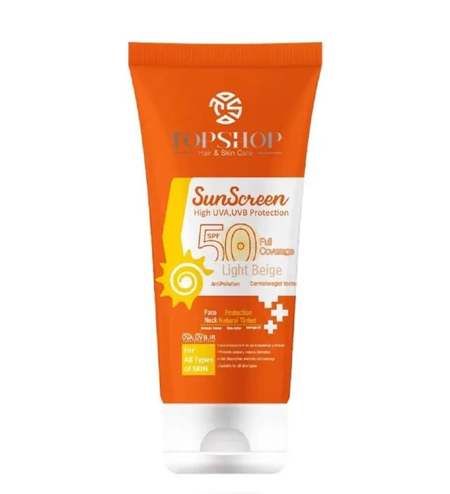 کرم ضد آفتاب SPF50 رنگی مناسب برای انواع پوست حجم ۵۰ میلی لیتر تاپ شاپ
